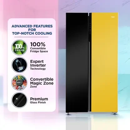 Haier 602 LTR N/A STAR FROST FREE SIDE BY SIDE REFRIGERATOR HR-682KYG-P BLACK YELLOW GLASS
