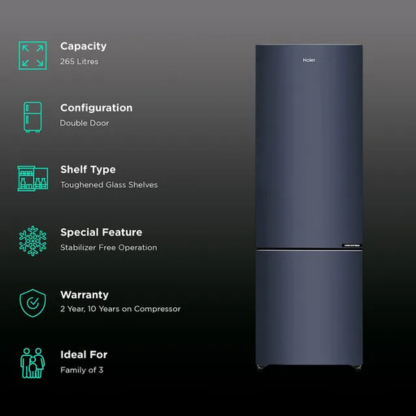 Haier 265 LTR 2 STAR FROST FREE DOUBLE DOOR REFRIGERATOR HRB-3152BGK-P GRAPHITE BLACK